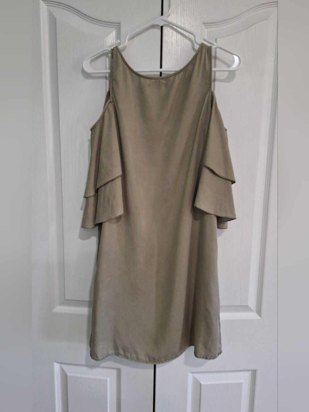 Zara Z1975 Basic Olive Cold-Shoulder Ruffle Shift Mini Dress